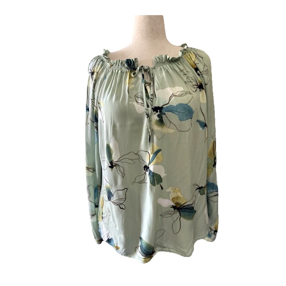 A New Day Tunic Top Large Green Floral Blouse Long Sleeve Artsy Boho Peasant